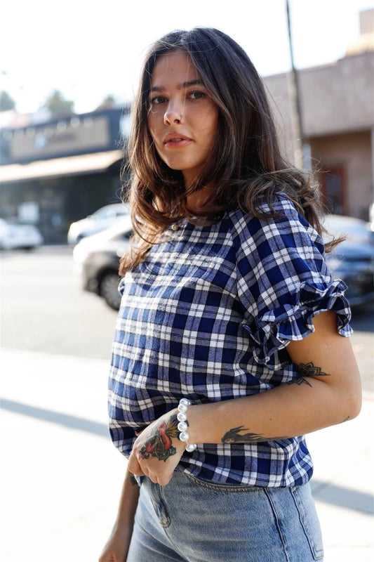 Navy Plaid Ruffled Cuff Short Sleeve Top /1-2-2-1 - Tasha Apparel Wholesale
