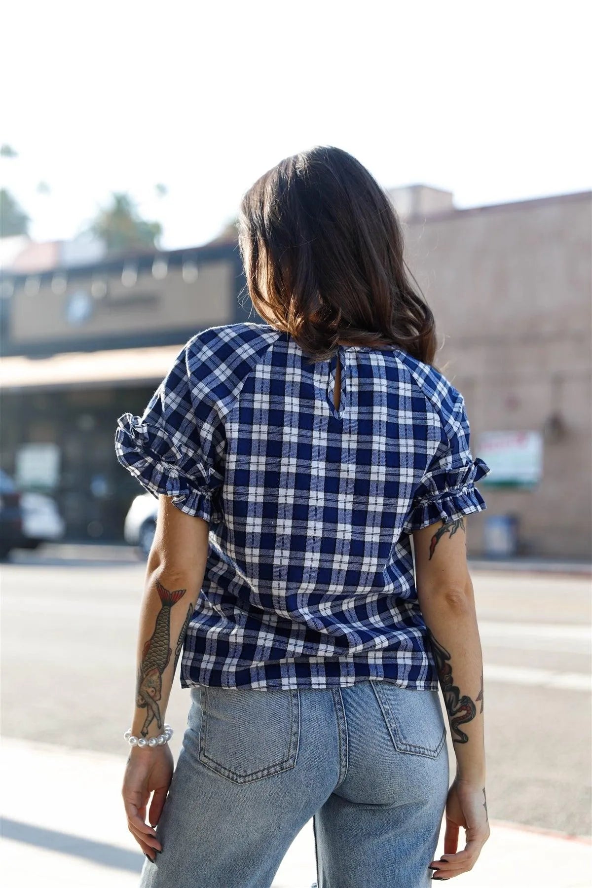 Navy Plaid Ruffled Cuff Short Sleeve Top /1-2-2-1 - Tasha Apparel Wholesale