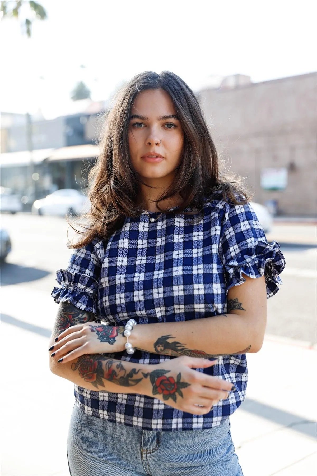 Navy Plaid Ruffled Cuff Short Sleeve Top /1-2-2-1 - Tasha Apparel Wholesale