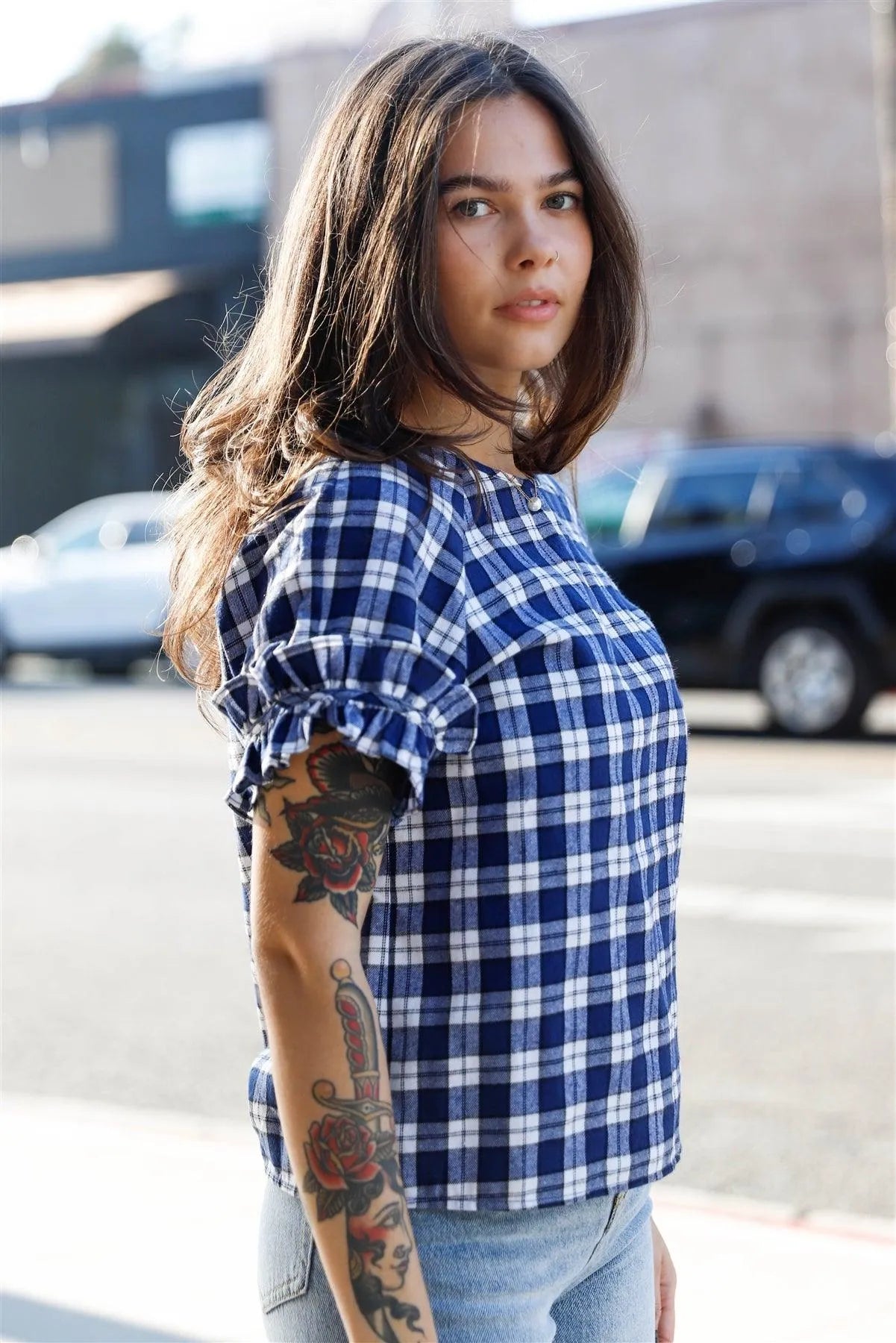 Navy Plaid Ruffled Cuff Short Sleeve Top /1-2-2-1 - Tasha Apparel Wholesale