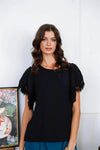 Black Lace Trim Detail Flowy Short Puff Sleeve Top /1-1-2-1 - Tasha Apparel Wholesale