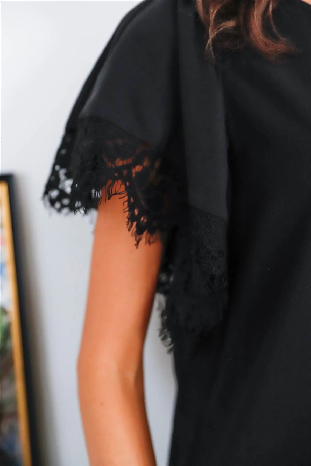 Black Lace Trim Detail Flowy Short Puff Sleeve Top /1-1-2-1 - Tasha Apparel Wholesale