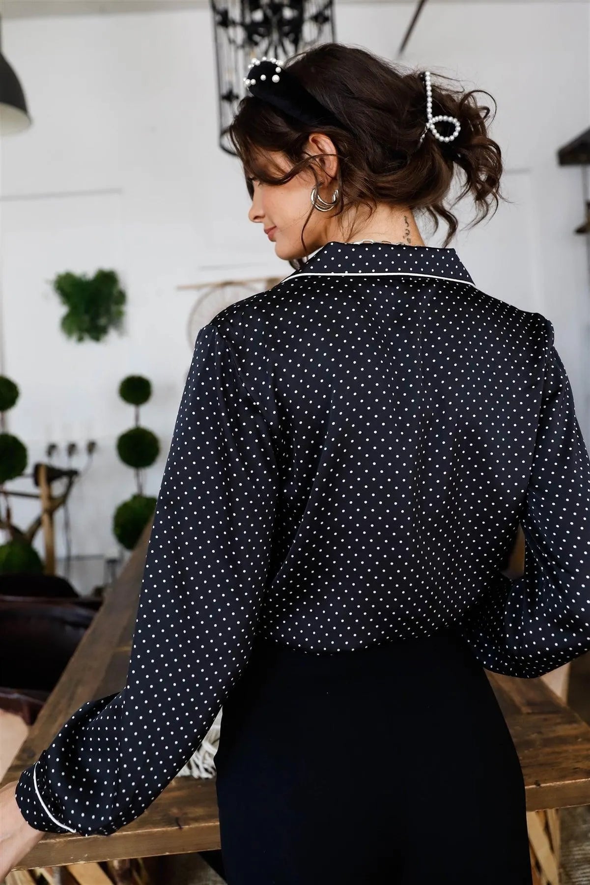 Black & White Polka Dot Contrast Trim Notch Collar Lace Tie Hem Top /1-2-2-1 - Tasha Apparel Wholesale
