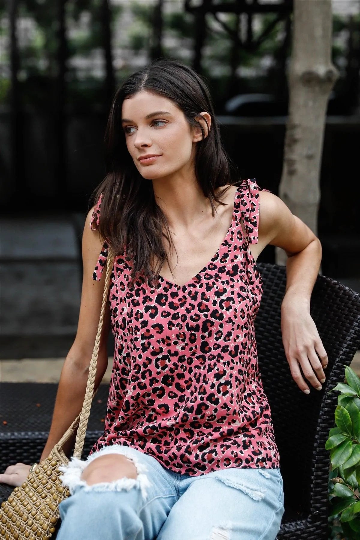Pink Multi Color Leopard Print Self-Tie Straps Sleeveless Top /1-2-2 - Tasha Apparel Wholesale