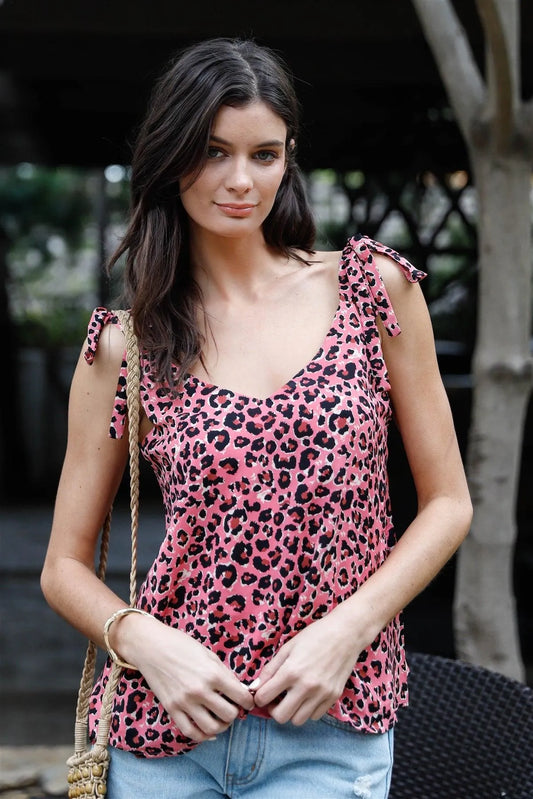 Pink Multi Color Leopard Print Self-Tie Straps Sleeveless Top /1-2-2-1 - Tasha Apparel Wholesale