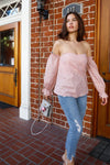 Pink Striped Cotton Off-The-Shoulder Ruffle Trim Balloon Long Sleeve Top /2-2 - Tasha Apparel Wholesale