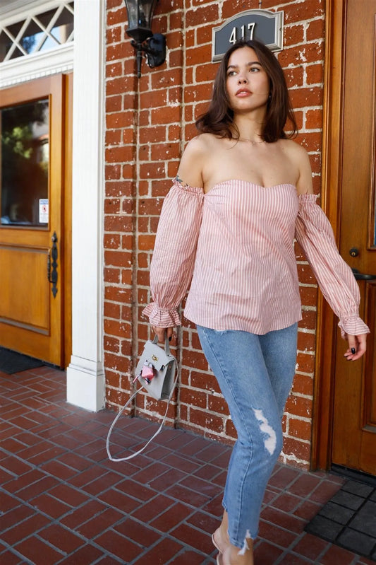 Pink Striped Cotton Off-The-Shoulder Ruffle Trim Balloon Long Sleeve Top /2-2 - Tasha Apparel Wholesale
