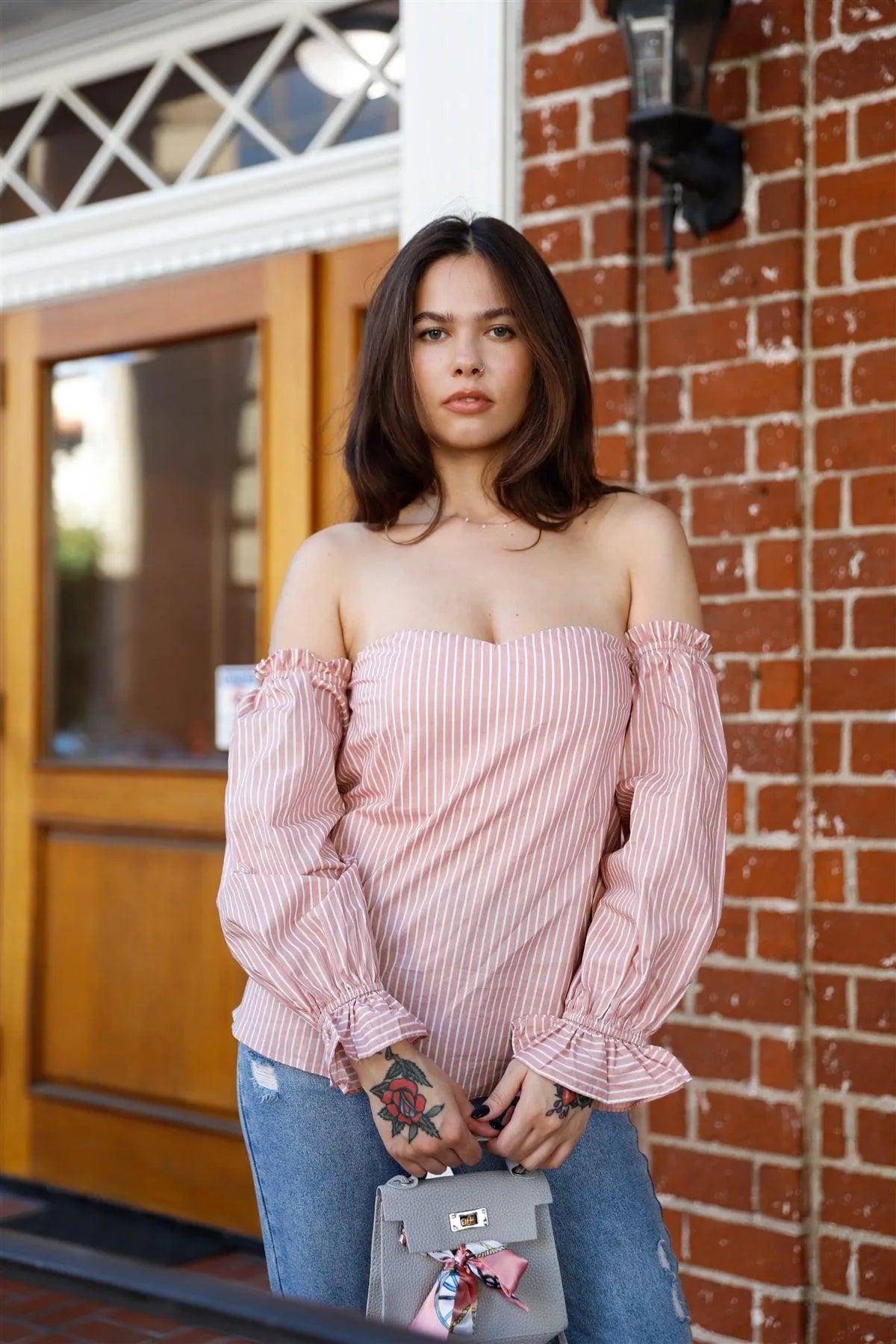 Pink Striped Cotton Off-The-Shoulder Ruffle Trim Balloon Long Sleeve Top /2-2 - Tasha Apparel Wholesale