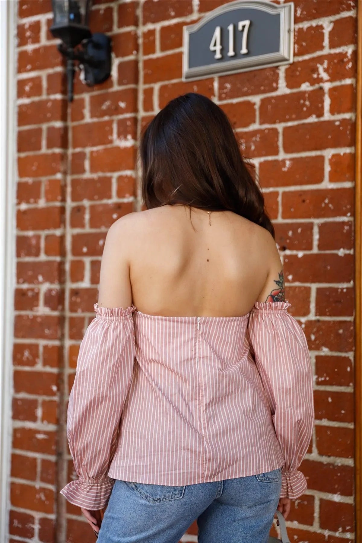 Pink Striped Cotton Off-The-Shoulder Ruffle Trim Balloon Long Sleeve Top /2-2 - Tasha Apparel Wholesale