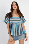 Blue Stripe Square Neck Flare Sleeve & Hem Top /1-2-2-1 - Tasha Apparel Wholesale