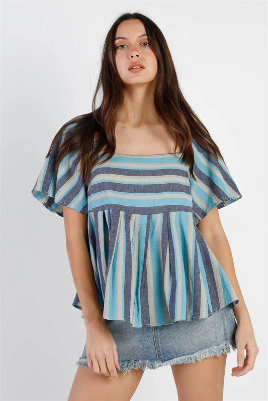 Blue Stripe Square Neck Flare Sleeve & Hem Top /1-2-2-1 - Tasha Apparel Wholesale