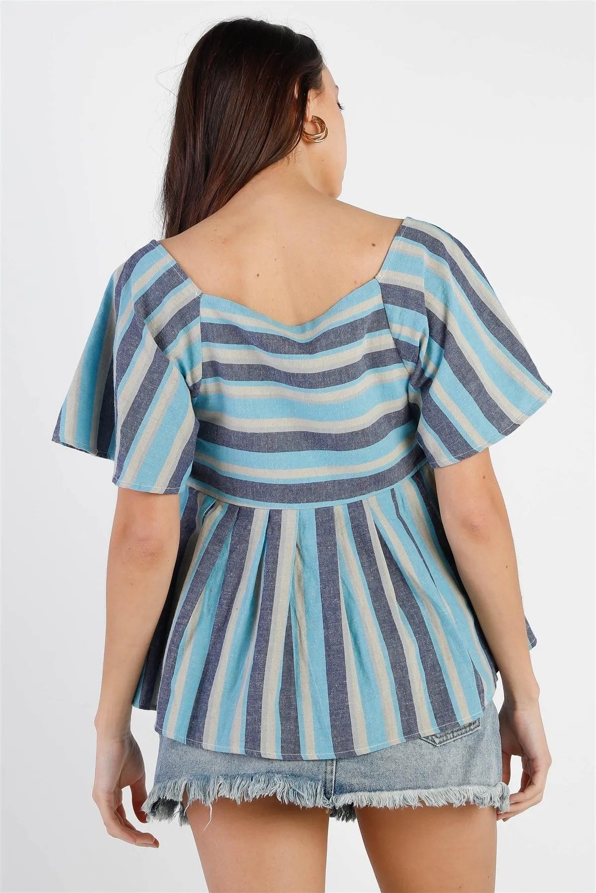 Blue Stripe Square Neck Flare Sleeve & Hem Top /1-2-2-1 - Tasha Apparel Wholesale