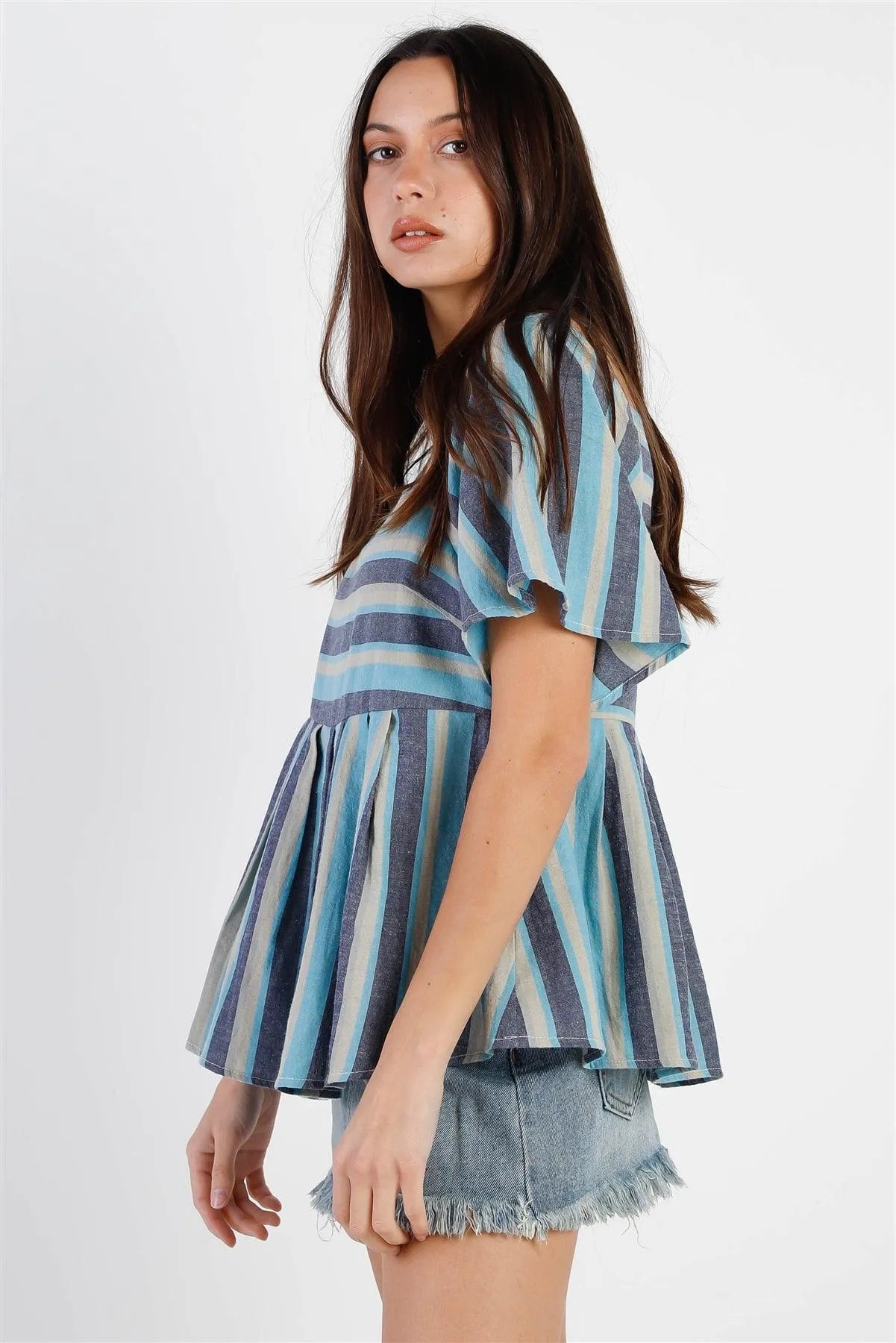 Blue Stripe Square Neck Flare Sleeve & Hem Top /1-2-2-1 - Tasha Apparel Wholesale