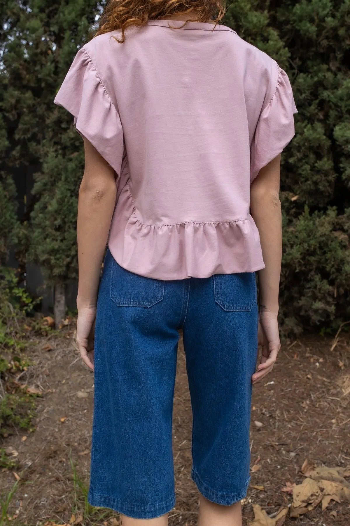 Mauve Cotton Ruffle Hem & Sleeve Details Top /1-2-2-1 - Tasha Apparel Wholesale