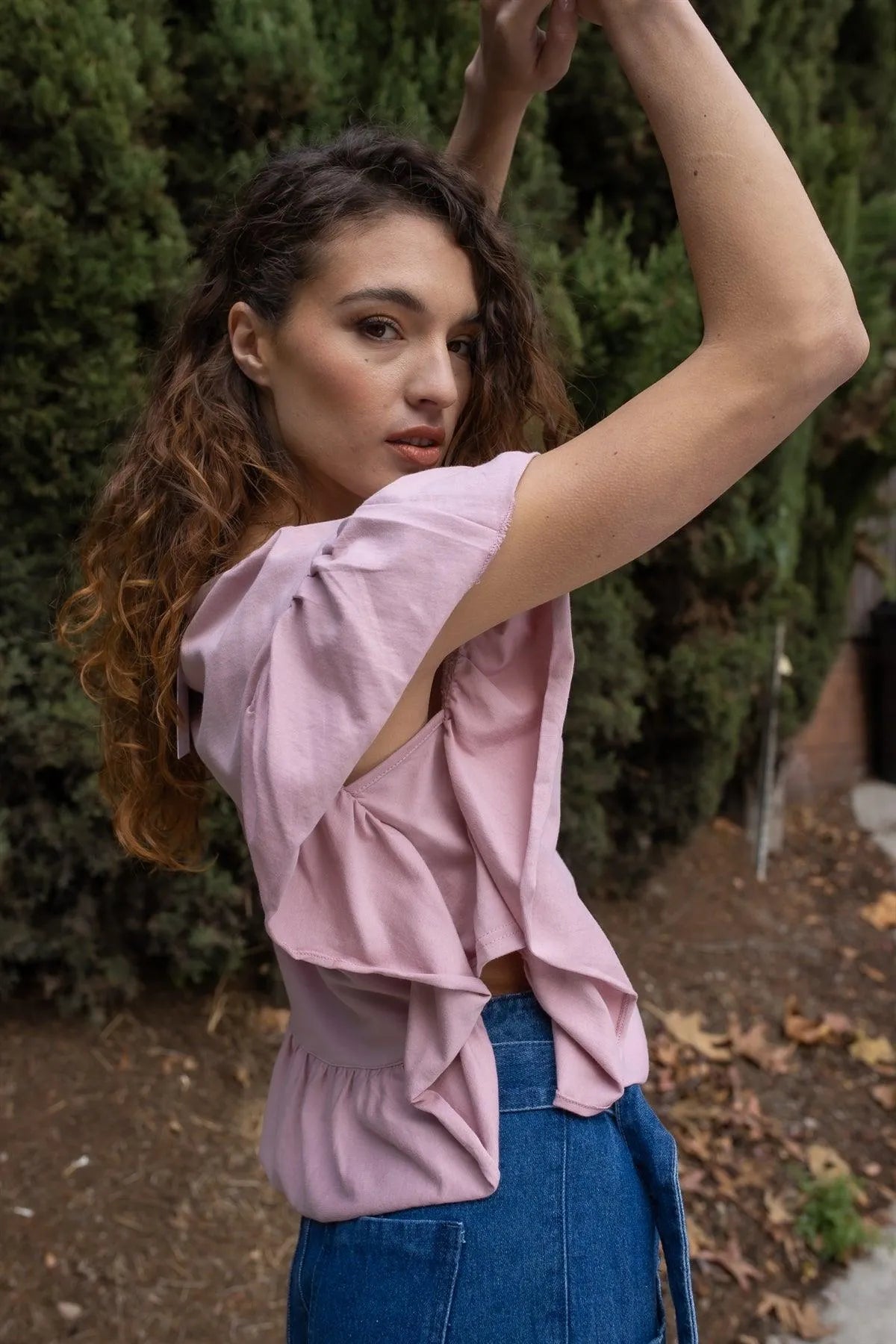 Mauve Cotton Ruffle Hem & Sleeve Details Top /1-2-2-1 - Tasha Apparel Wholesale