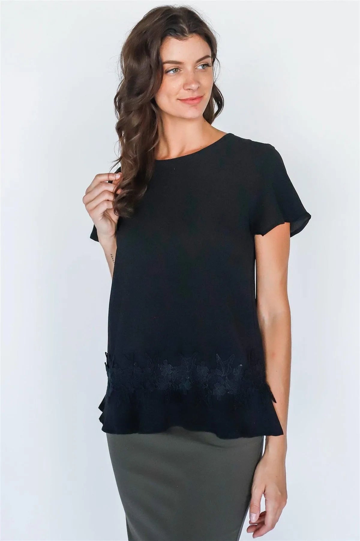 Black Floral Embroidery Hem Detail Short Sleeve Top /1-2-2-1 - Tasha Apparel Wholesale