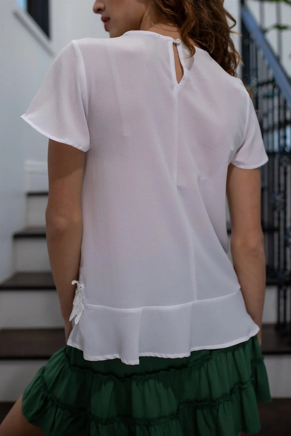 White Floral Embroidery Hem Detail Short Sleeve Top /1-2-1 - Tasha Apparel Wholesale