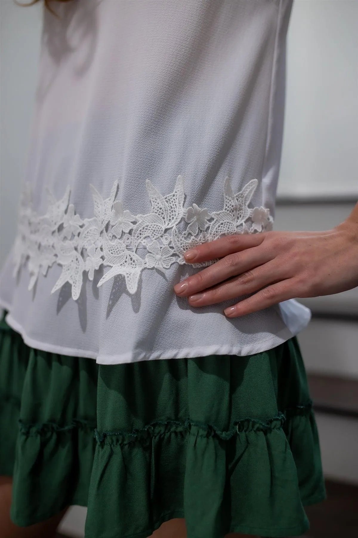 White Floral Embroidery Hem Detail Short Sleeve Top /1-2-1 - Tasha Apparel Wholesale
