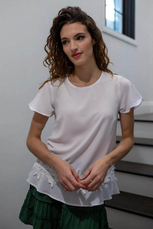 White Floral Embroidery Hem Detail Short Sleeve Top /1-2-2-1 - Tasha Apparel Wholesale