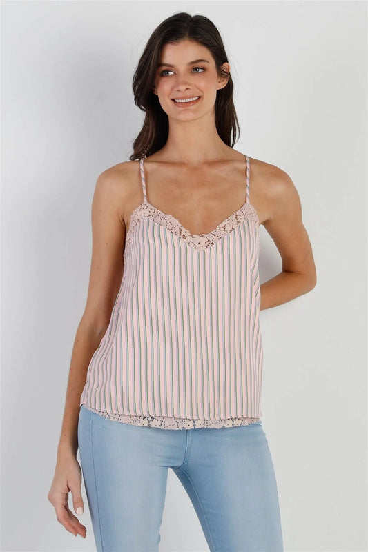 Pink Multi Color Stripe Lace Trim Sleeveless Cami Top /1-2-2-1 - Tasha Apparel Wholesale