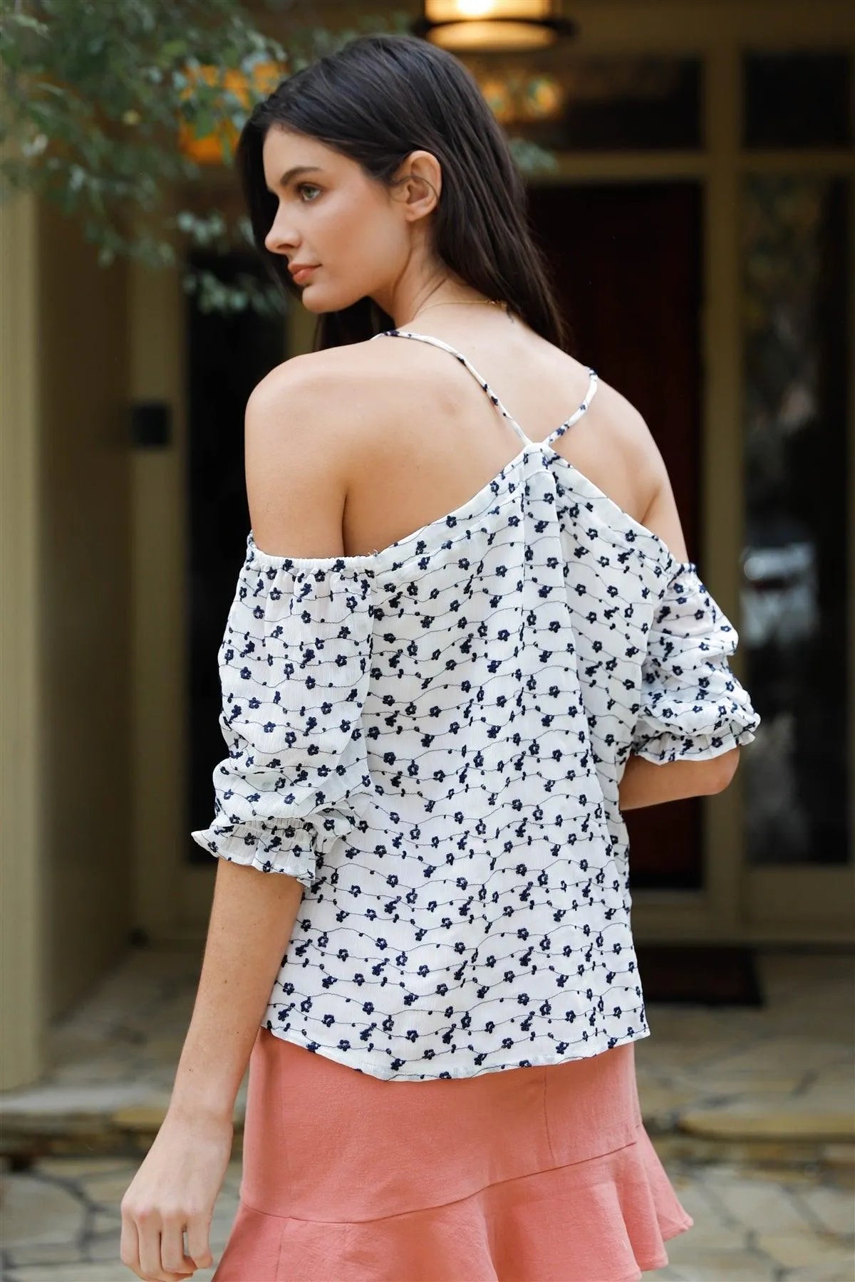 White Navy Floral Embroidery Cold Shoulder Midi Balloon Sleeve Top /1-3-2 - Tasha Apparel Wholesale