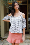 White Navy Floral Embroidery Cold Shoulder Midi Balloon Sleeve Top /1-2-2-1 - Tasha Apparel Wholesale