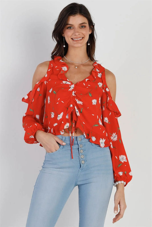 Tomato Red Flower Print Off-The-Shoulder Ruffle Trim Ruched Front Detail Crop Top /1-2-2-1 - Tasha Apparel Wholesale