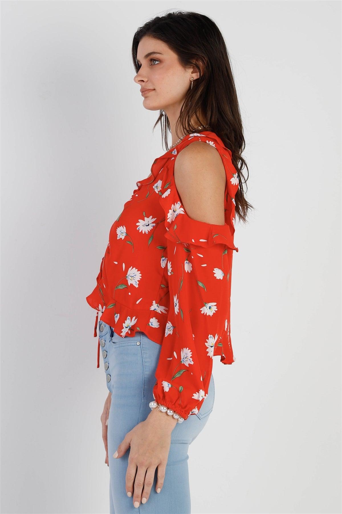 Tomato Red Flower Print Off-The-Shoulder Ruffle Trim Ruched Front Detail Crop Top /1-2-2-1