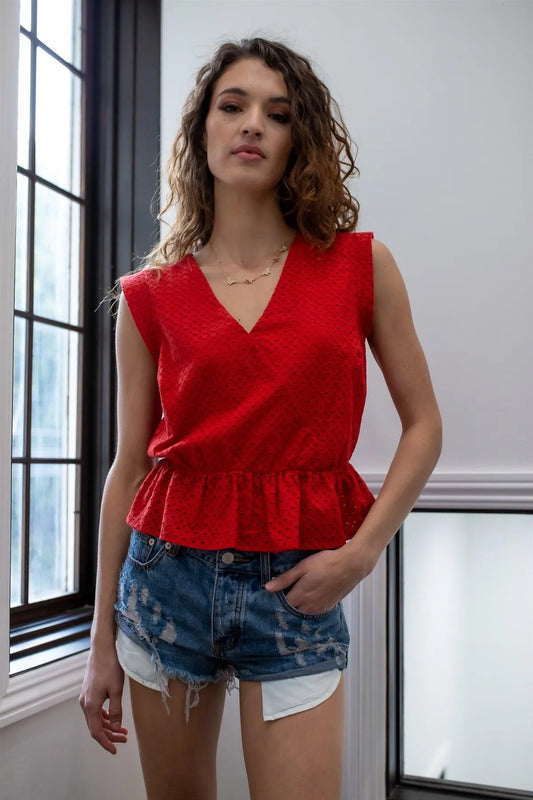 Red Cotton Embroidered Ruffle Hem Cap Sleeve Top /1-2-2 - Tasha Apparel Wholesale