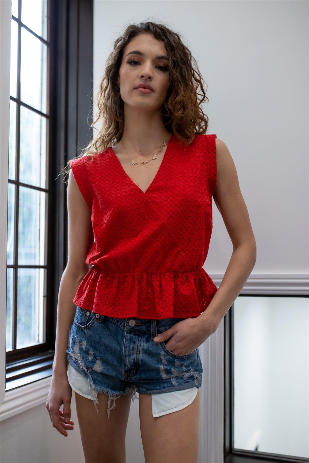 Red Cotton Embroidered Ruffle Hem Cap Sleeve Top /1-2-2-1