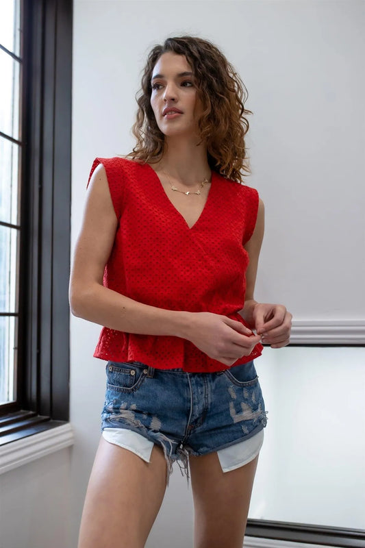 Red Cotton Embroidered Ruffle Hem Cap Sleeve Top /1-1-2-2 - Tasha Apparel Wholesale