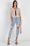 Ivory Rose Print Front Contrast Hook & Eye Detail Balloon Short Sleeve Top /2-2-1 - Tasha Apparel Wholesale