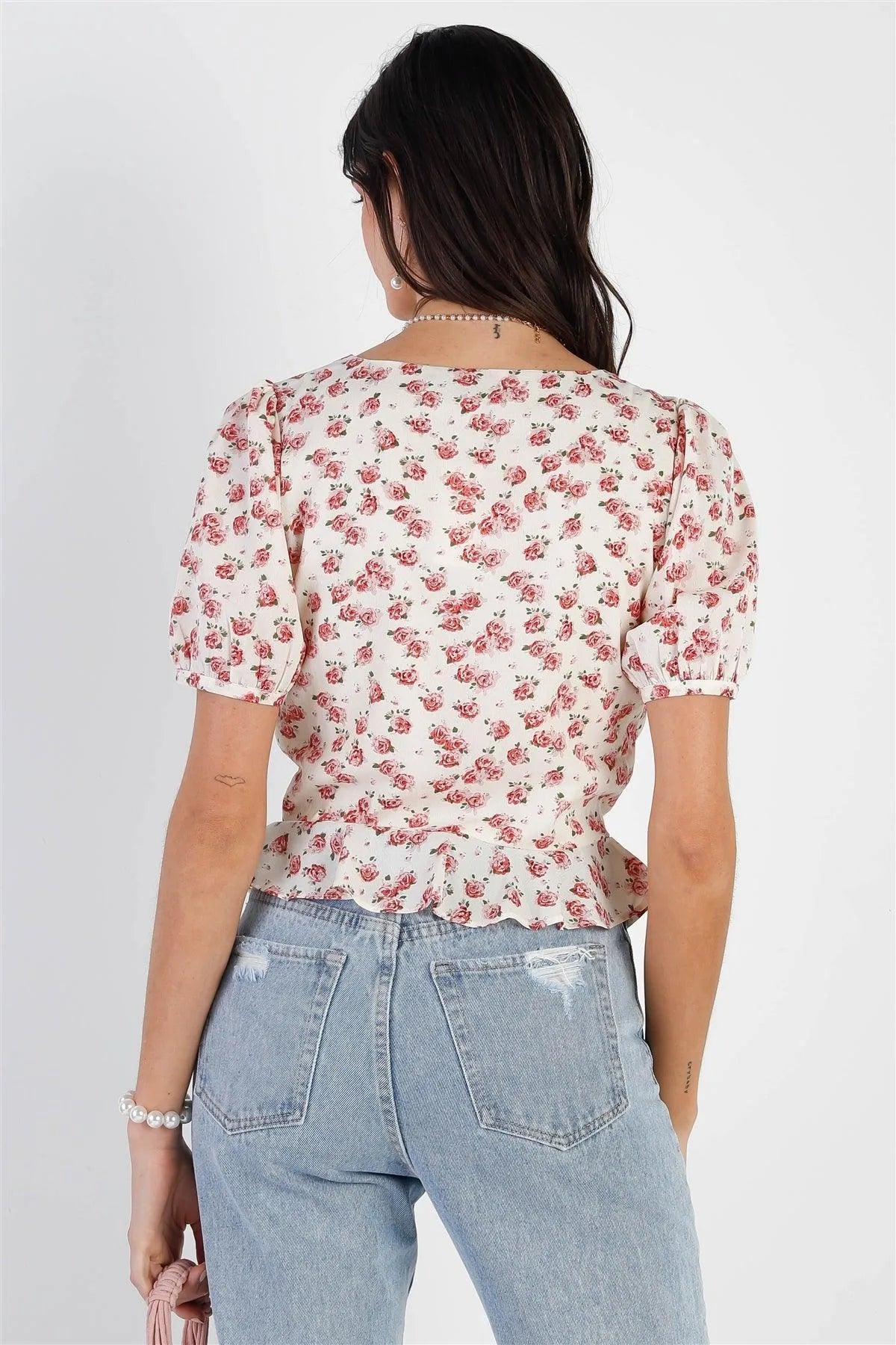 Ivory Rose Print Front Contrast Hook & Eye Detail Balloon Short Sleeve Top /2-2-1 - Tasha Apparel Wholesale