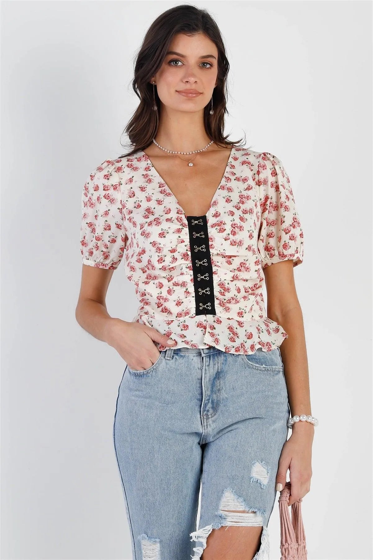 Ivory Rose Print Front Contrast Hook & Eye Detail Balloon Short Sleeve Top /2-2-1 - Tasha Apparel Wholesale