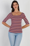 Multi Striped Ribbed Half Sleeve Square Neck Top - Tasha Apparel Wholesale
