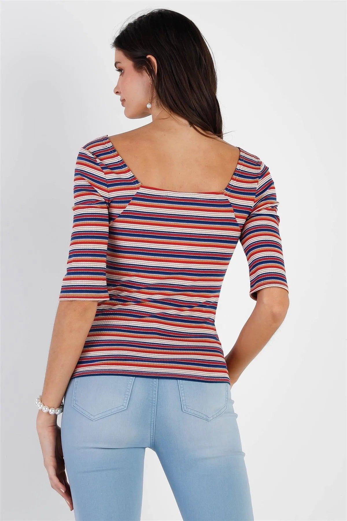 Multi Striped Ribbed Half Sleeve Square Neck Top - Tasha Apparel Wholesale