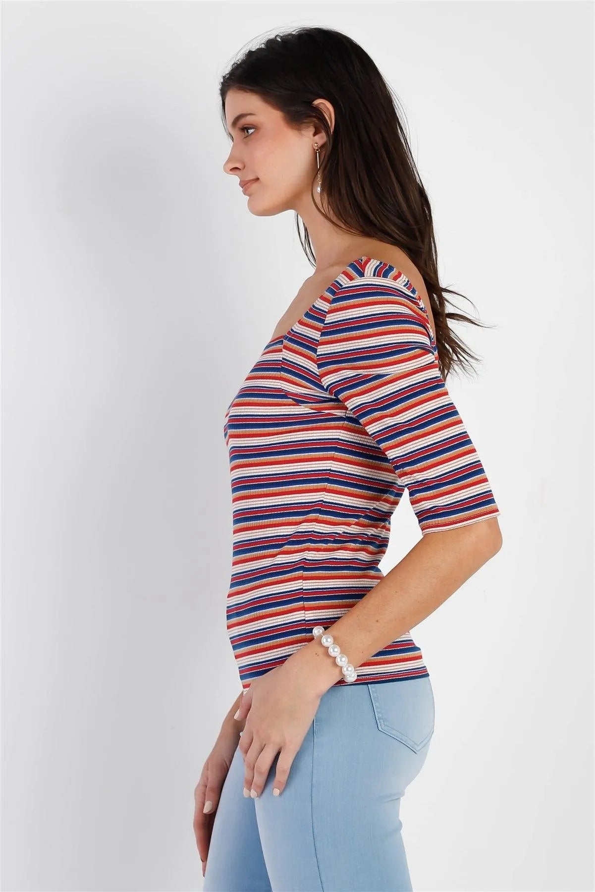 Multi Striped Ribbed Half Sleeve Square Neck Top - Tasha Apparel Wholesale