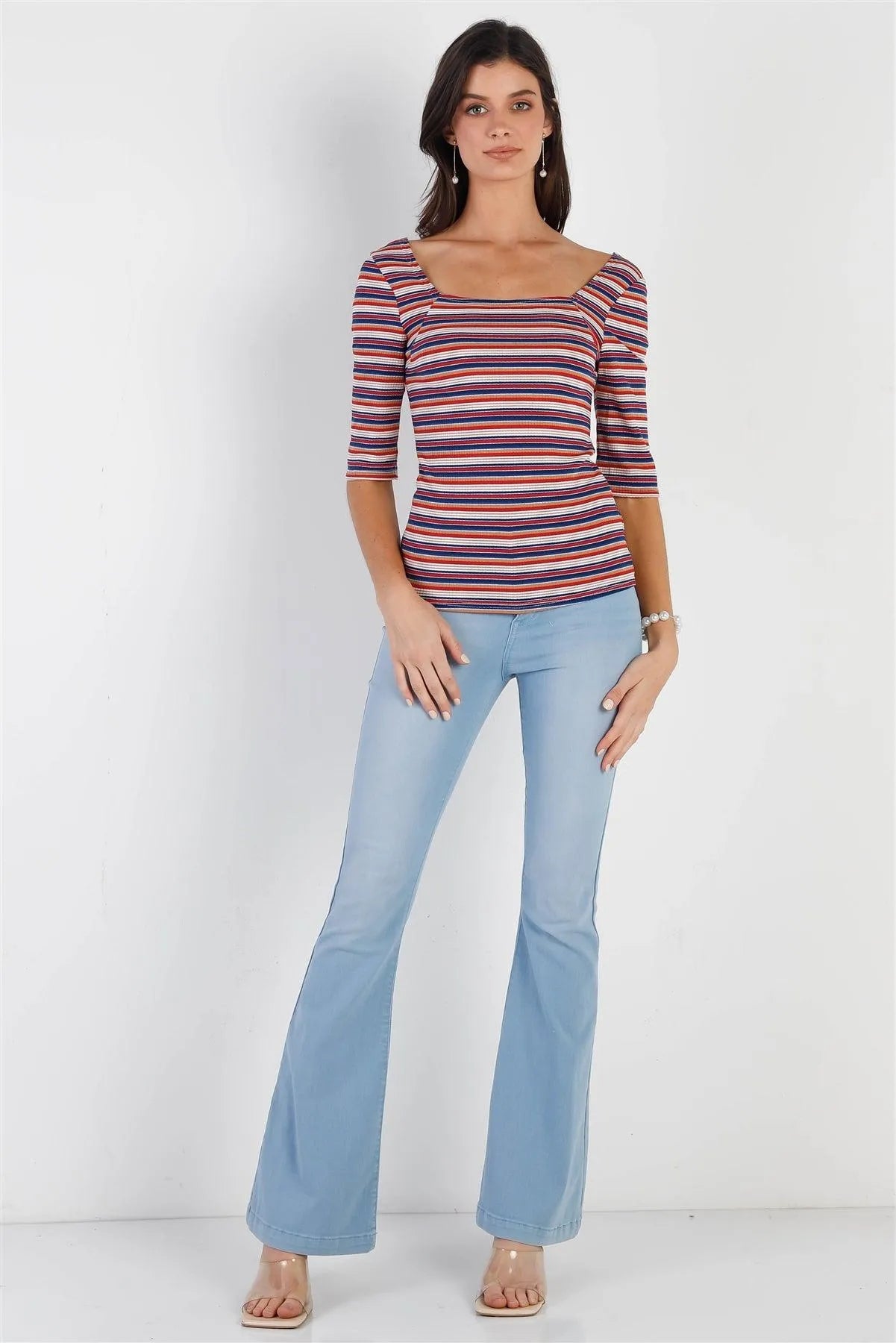 Multi Striped Ribbed Half Sleeve Square Neck Top - Tasha Apparel Wholesale