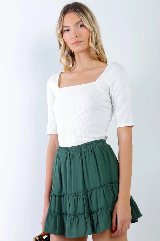 Cream Cotton Ribbed Square Neck Short Sleeve Top /1-3-2 - Tasha Apparel Wholesale