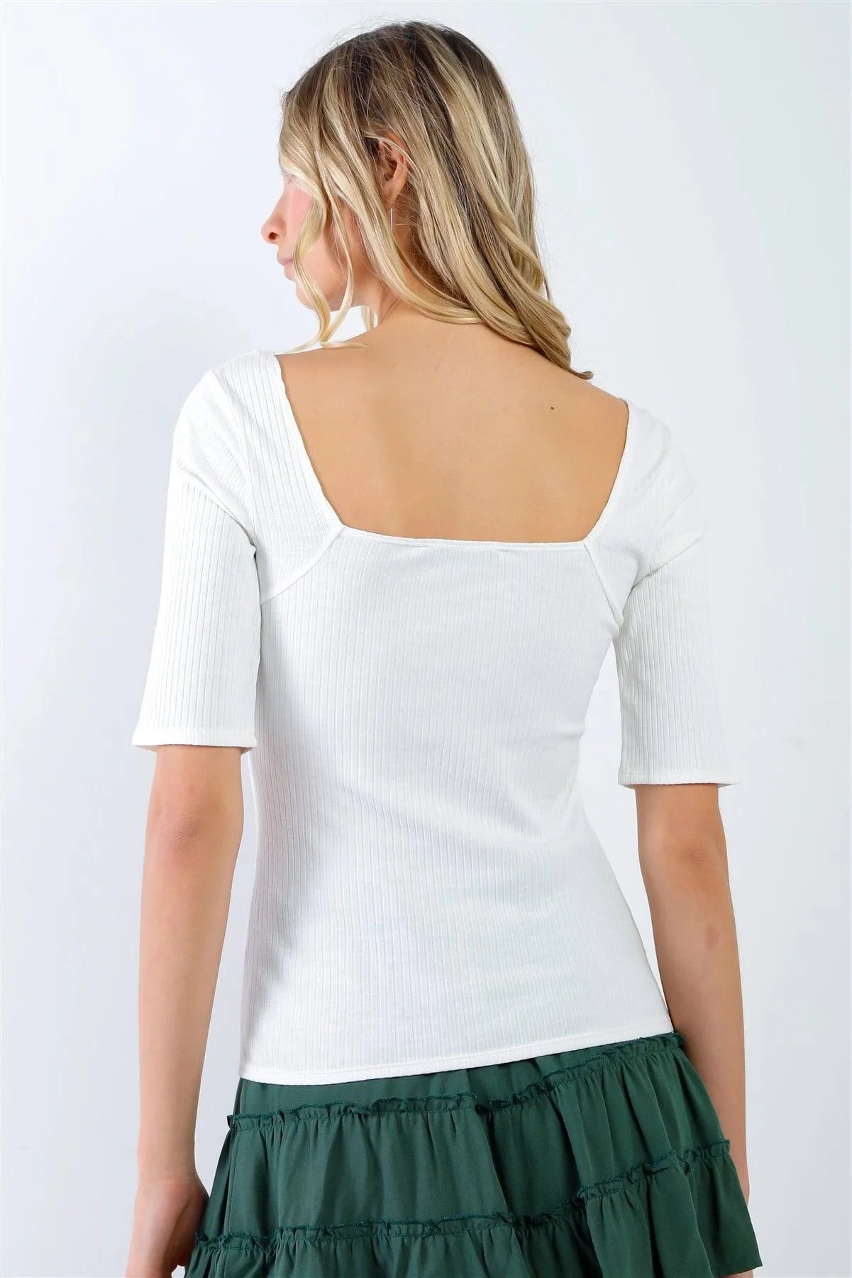 Cream Cotton Ribbed Square Neck Short Sleeve Top /1-2-2-1 - Tasha Apparel Wholesale