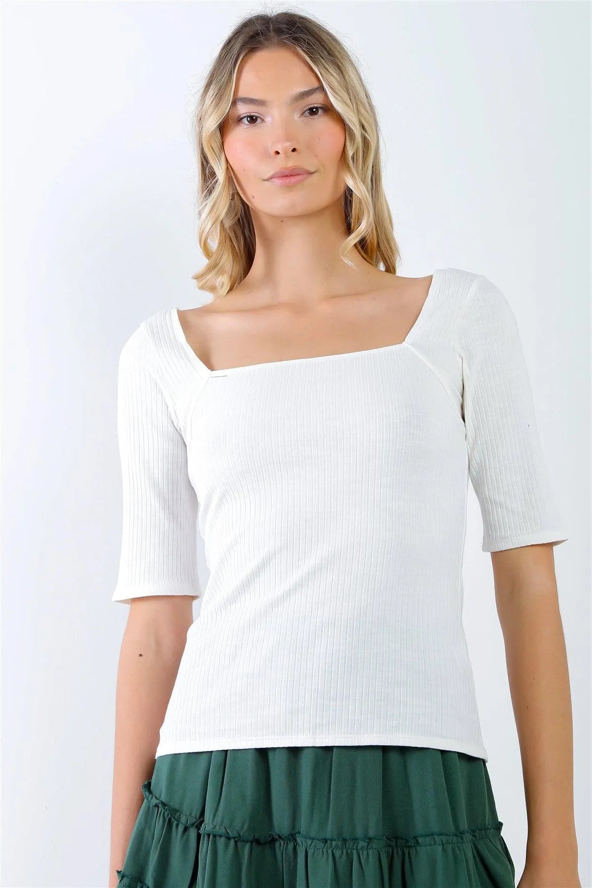 Cream Cotton Ribbed Square Neck Short Sleeve Top /1-2-2-1 - Tasha Apparel Wholesale
