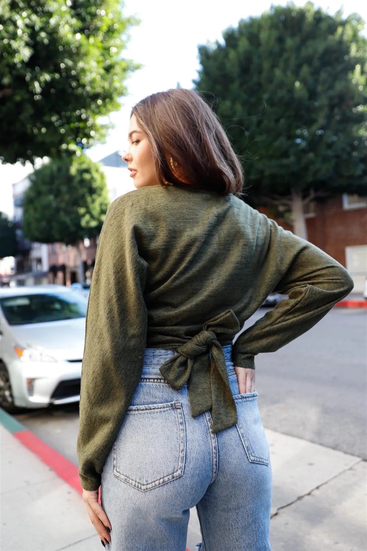 Olive Knit Back Waist Self-Tie Detail Long Sleeve Top /1-2-2-1 - Tasha Apparel Wholesale