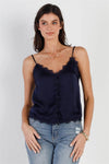 Navy Satin Effect Button Up Lace Trim Cami Top /1-2-2-1 - Tasha Apparel Wholesale