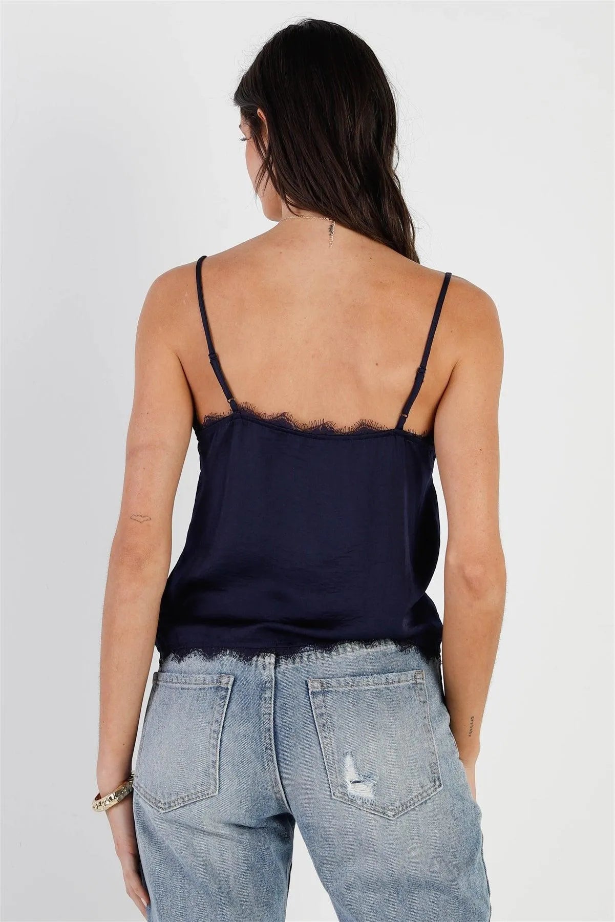 Navy Satin Effect Button Up Lace Trim Cami Top /1-2-2-1 - Tasha Apparel Wholesale