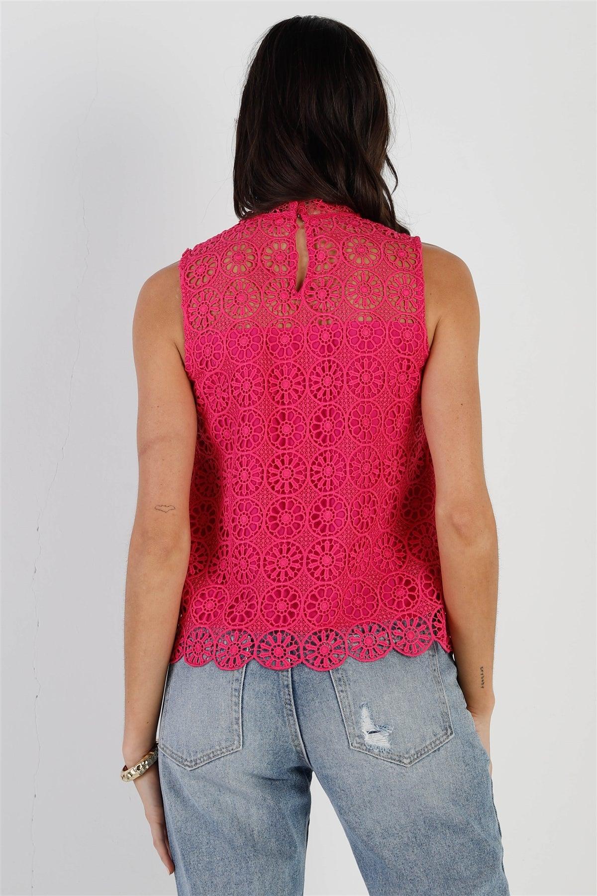Fuchsia Embroidered Lace Mock Neck Sleeveless Top /1-2-2