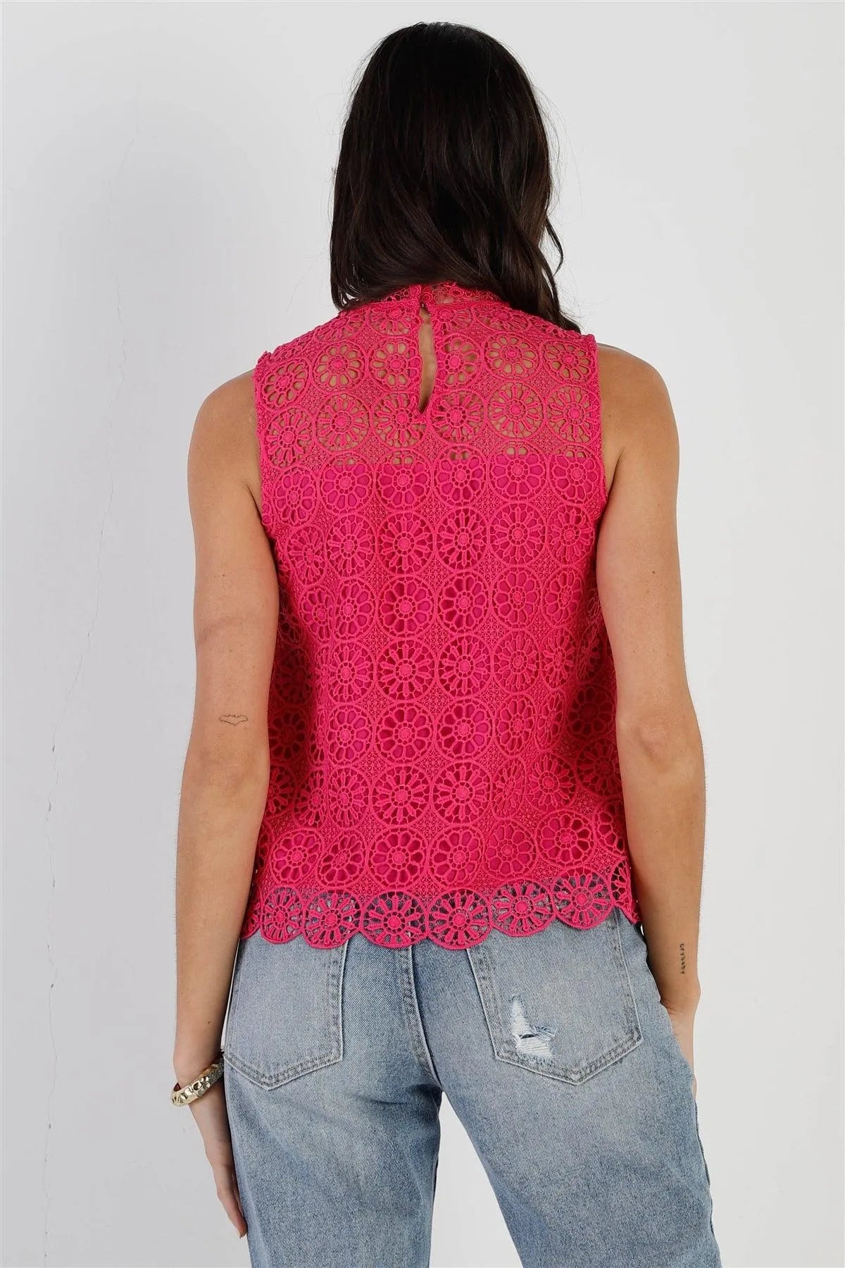 Fuchsia Embroidered Lace Mock Neck Sleeveless Top /1-2-2-1 - Tasha Apparel Wholesale