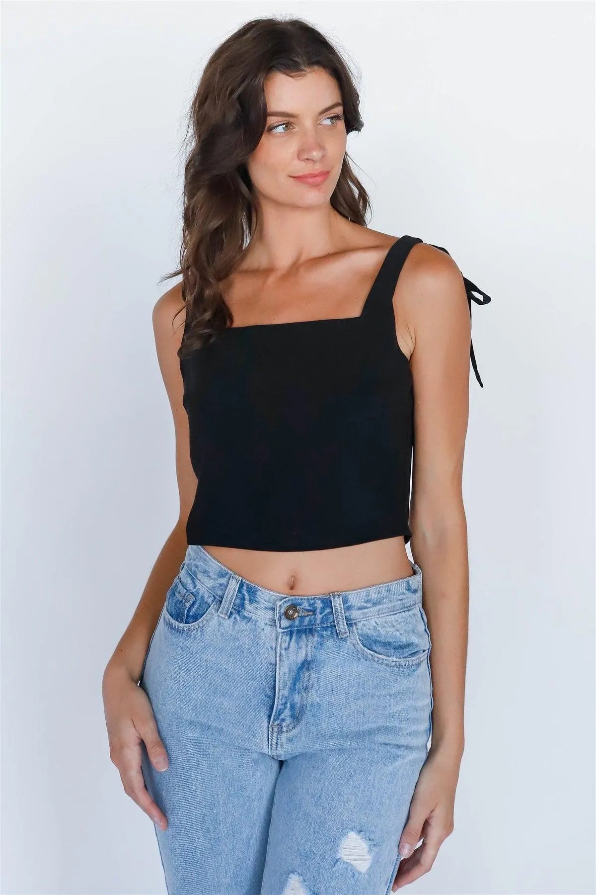 Black Self-Tie Strap Square Neck Crop Top - Tasha Apparel Wholesale