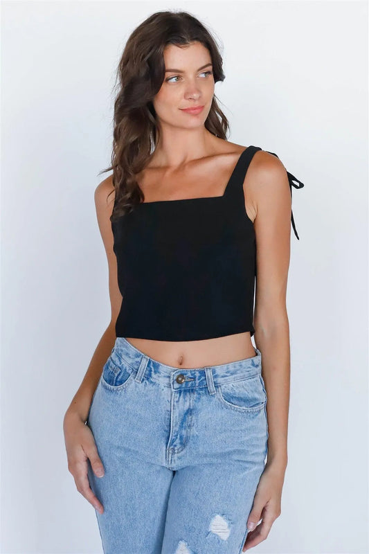 Black Self-Tie Strap Square Neck Crop Top - Tasha Apparel Wholesale