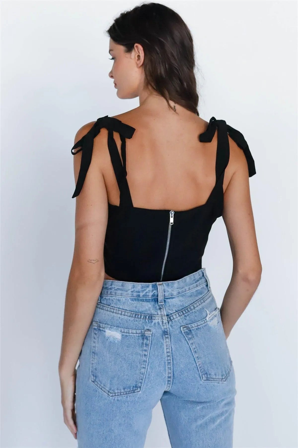 Black Self-Tie Strap Square Neck Crop Top - Tasha Apparel Wholesale