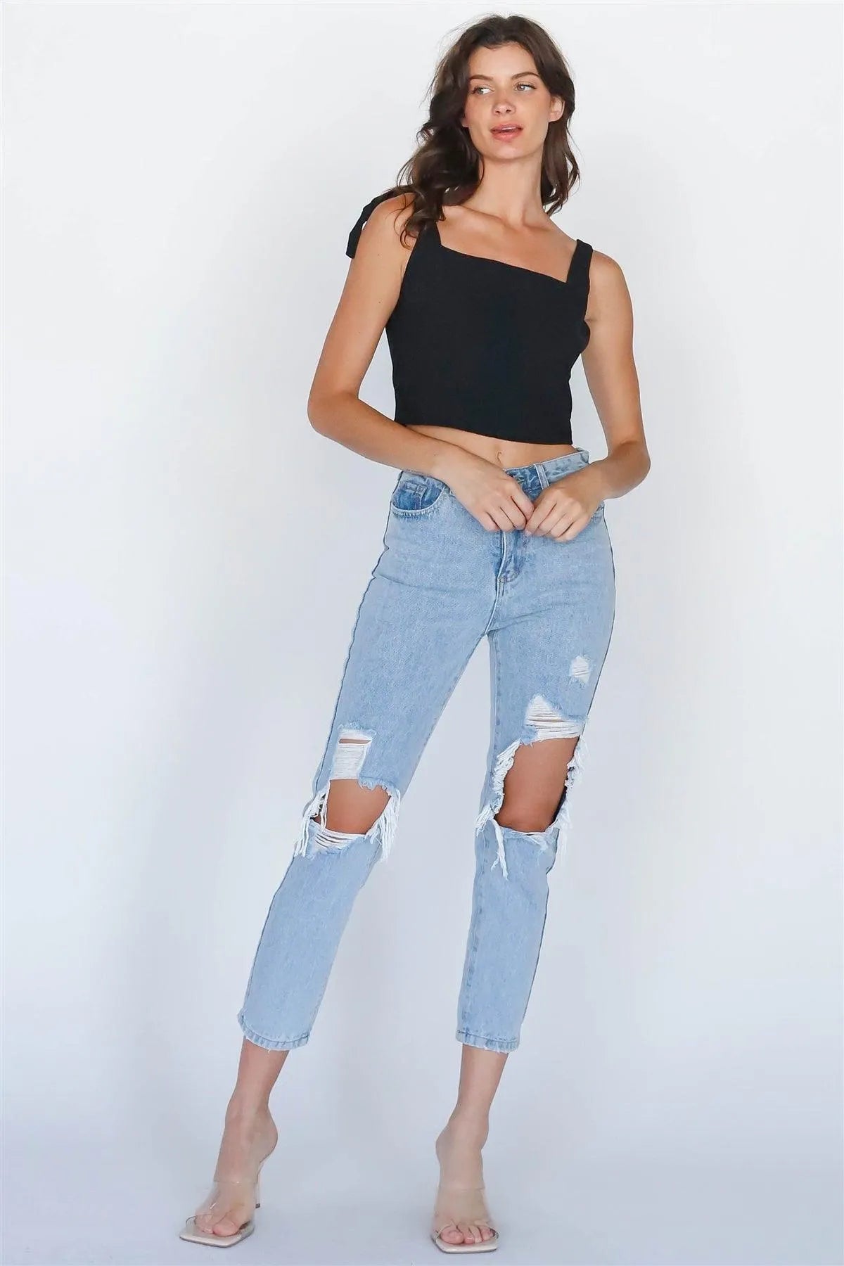 Black Self-Tie Strap Square Neck Crop Top - Tasha Apparel Wholesale